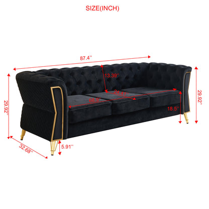 Modern Tufted Velvet Sofa 87.4 inch for Living Room Black Color