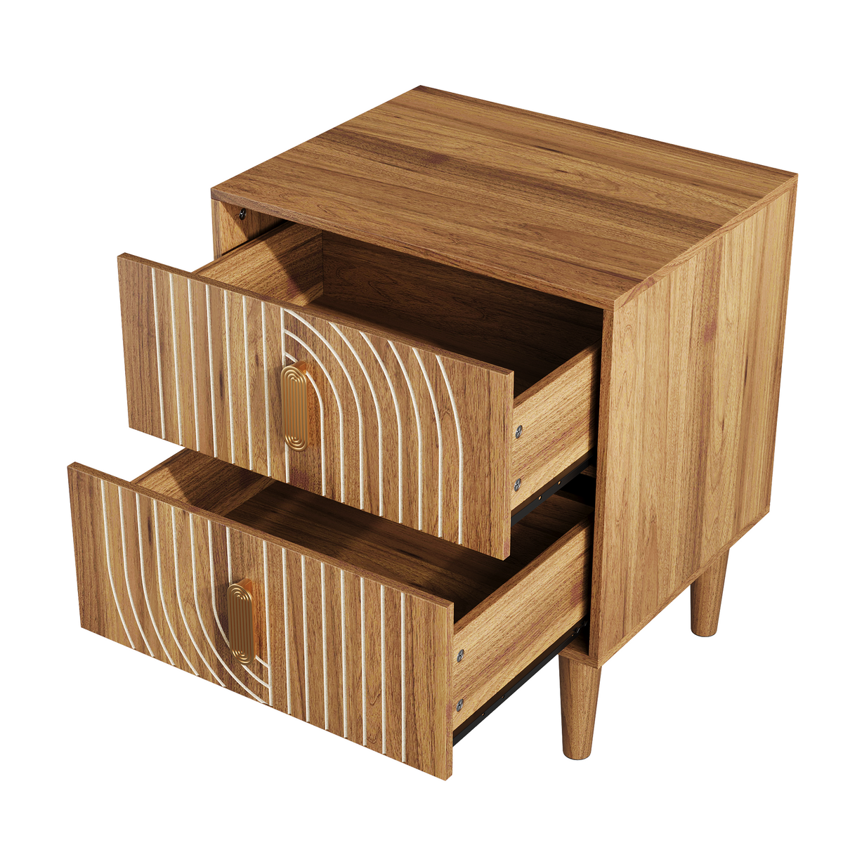 Medieval-style modern bedside table with double drawers for storage and solid wood legs; bedroom side table, bedside storage cabinet, compact bedside table, walnut color.
