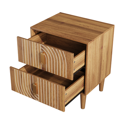 Medieval-style modern bedside table with double drawers for storage and solid wood legs; bedroom side table, bedside storage cabinet, compact bedside table, walnut color.