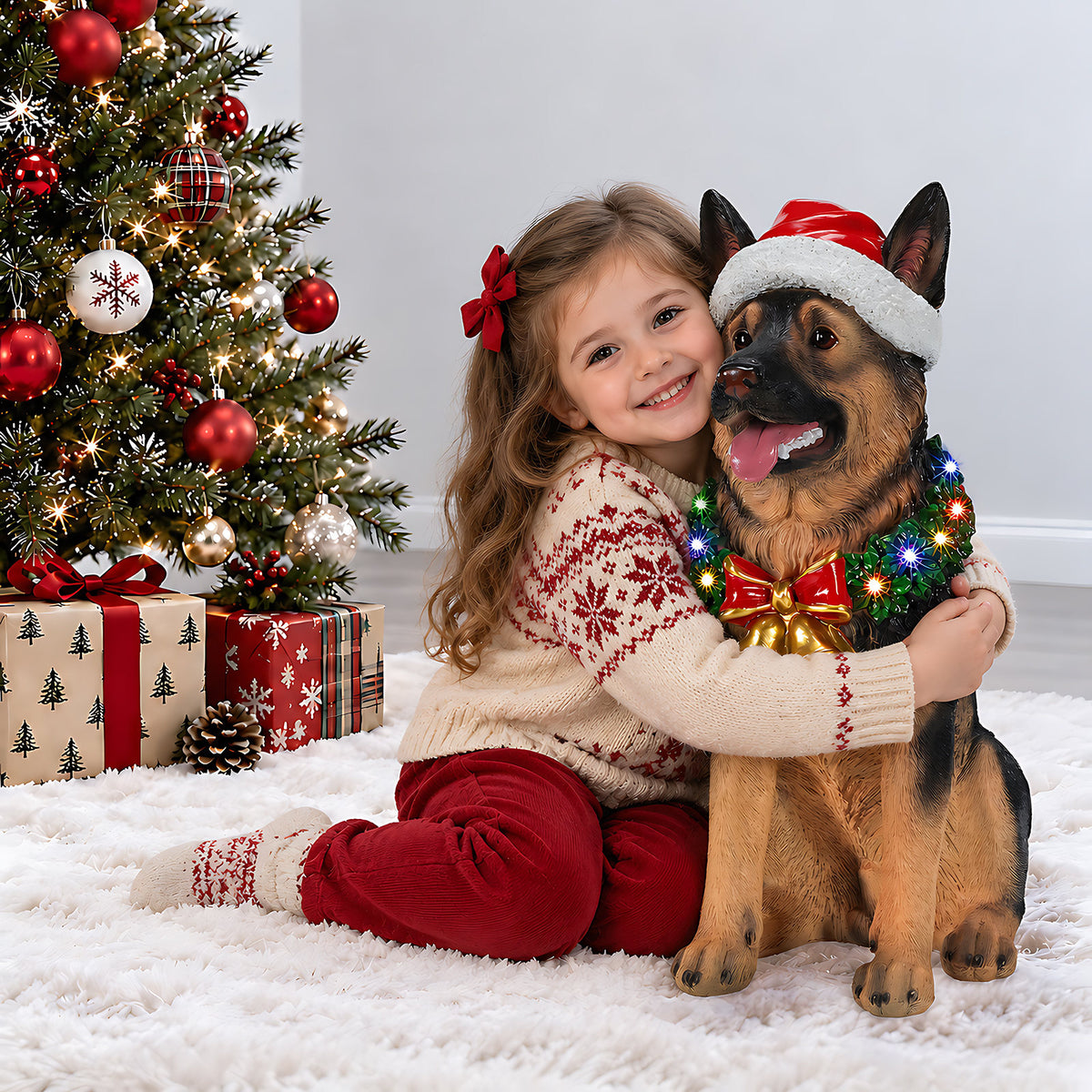 Lighted Christmas German Shepherd Dog Statue, Santa Hat Puppy Figurine with LED Wreath and Bells
