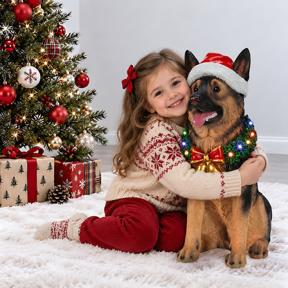 Lighted Christmas German Shepherd Dog Statue, Santa Hat Puppy Figurine with LED Wreath and Bells