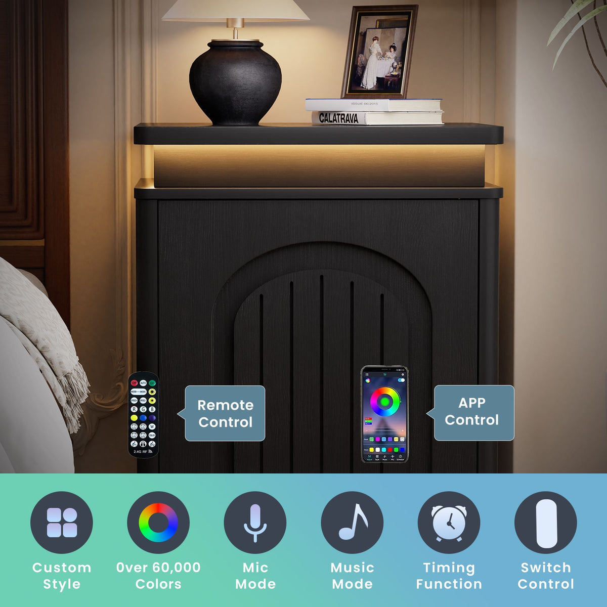 Two-piece nightstand set with arched recesses, storage cabinets with LED lighting, ample storage space, and magnetic push-to-open doors; suitable for bedrooms, living rooms, and offices; Black