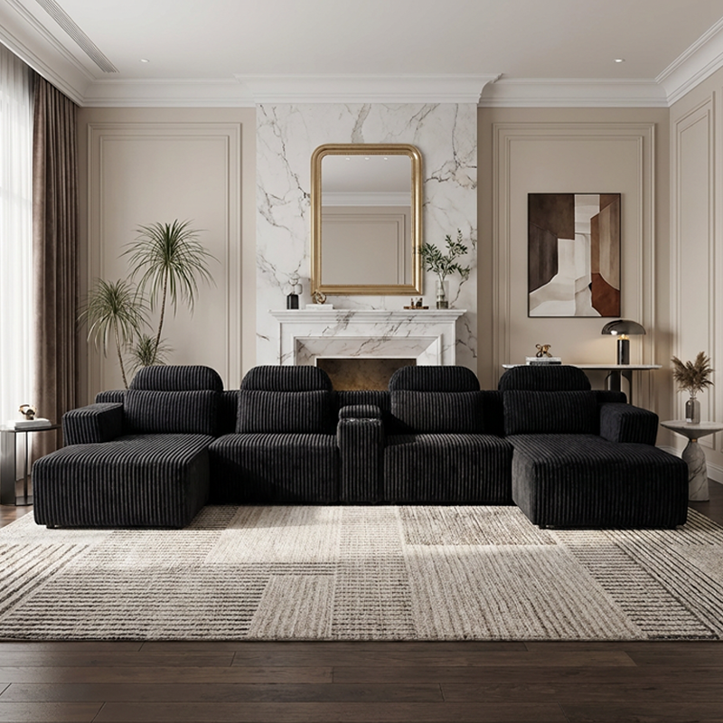 Modern Black corduroy 6-seater U-shaped sofa with lounge chair and cup holder -145.7 inch oversized modular compression sofa, suitable for home theaters, luxury living spaces, tool free assembly