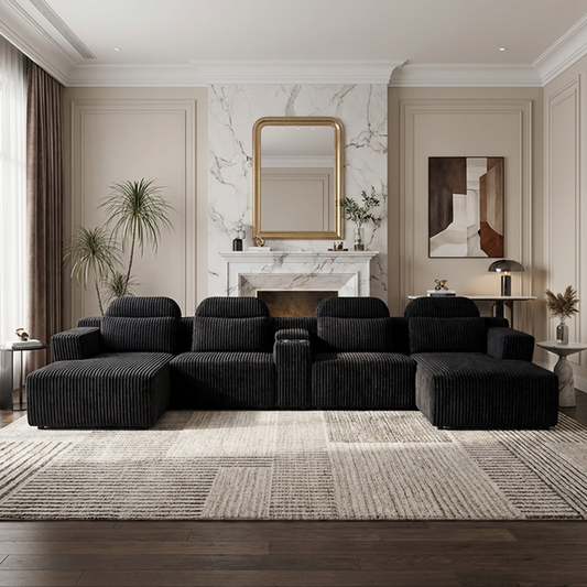 Modern Black corduroy 6-seater U-shaped sofa with lounge chair and cup holder -145.7 inch oversized modular compression sofa, suitable for home theaters, luxury living spaces, tool free assembly
