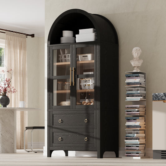 K&K 71' Tall Arched Kitchen Pantry Cabinet with 2 Large Drawers, Modern Farmhouse Kitchen Storage Cabinets with Adjustable Shelves, Glass Door, Wood Versatile Cupboard for Kitchens, Dining Room, Black