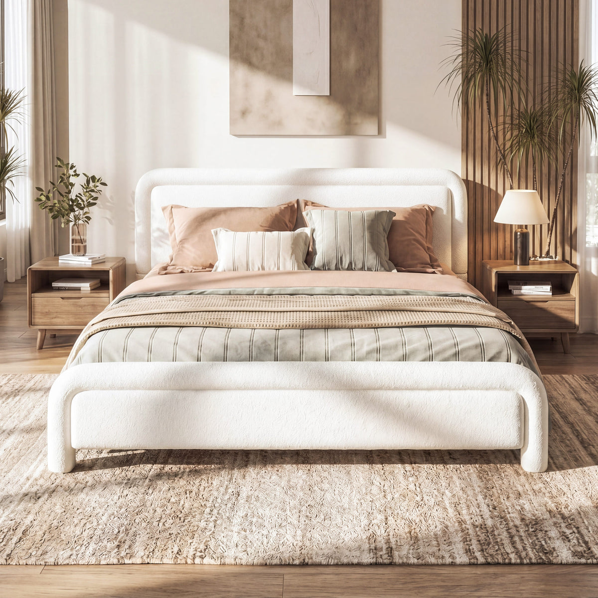 Modern White Boucle Upholstered Queen Platform Bed Frame with Curved Headboard, Wood Slats Support, No Box Spring Needed, Easy Assembly