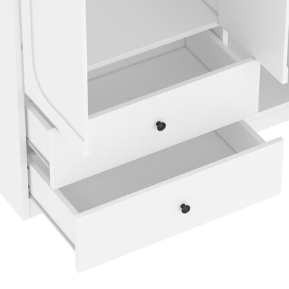 Multifunctional Wardrobe with 2 Doors and Hanging Rod, Wooden clothes closet with Convertible Desk and Storage Drawers – Model W1580S00475
