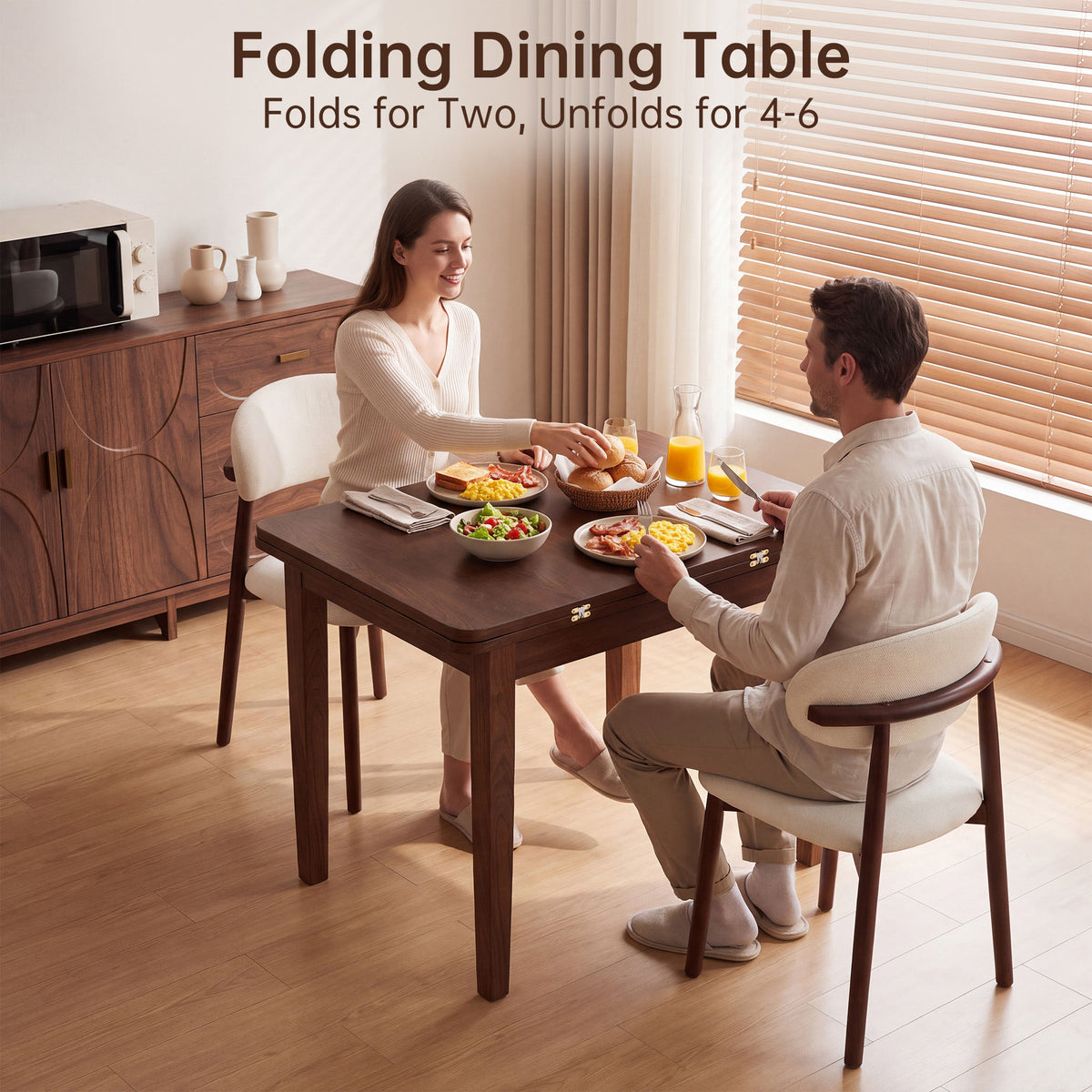 51.2" Solid Wood Folding Dining Table, Rotating Drop Leaf Design with Walnut Finish, Space-Saving Kitchen Table for 4-6 People, Farmhouse Style for Small Apartments, Easy Assembly