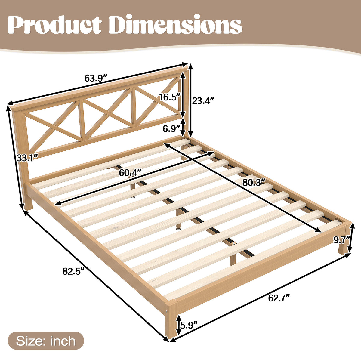Queen Platform Bed with ''X'' Design Headboard, Bamboo-made Bed Frame Queen Size with Suppport Slats, Mid-century Style, Natural