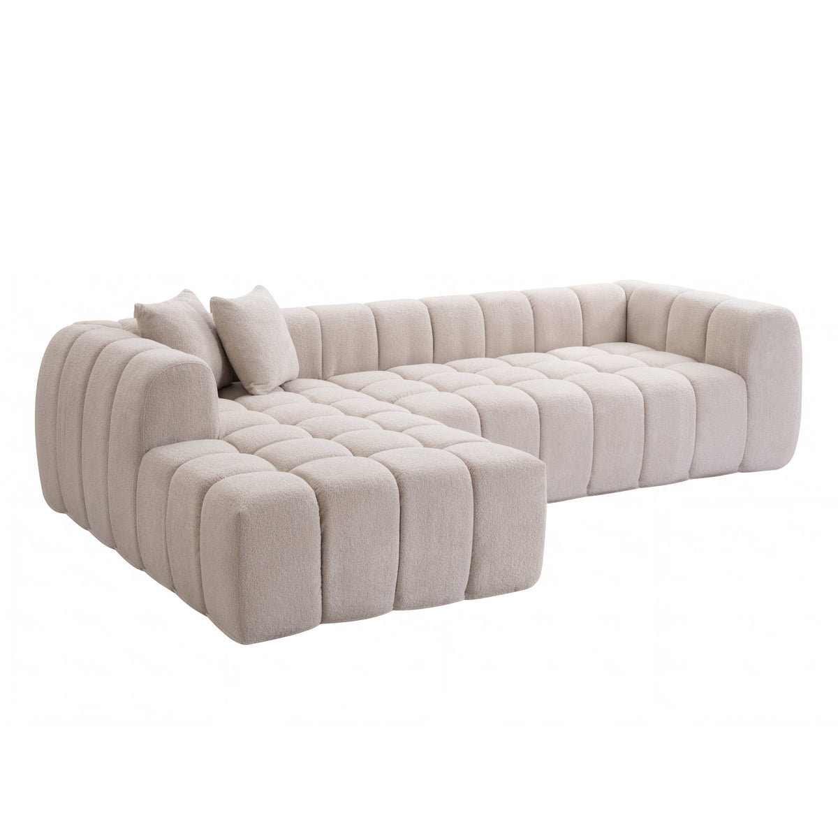 111.3" Camel Tufted Bubble Modular Sectional Sofa, Vacuum Compressed Foam L Shape Cloud Couch, Boucle Teddy Fabric Plush Corner Sofa with Pillows, Boneless Compression Sofa for Living Room.