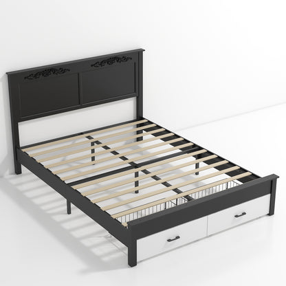 Queen size Rustic farmhouse-style furniture, sturdy frames, noise-free design, under-bed storage space, easy assembly, white + black.