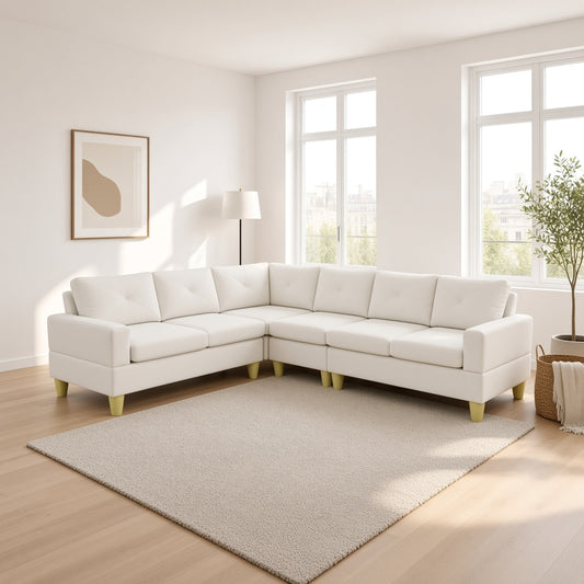 95.5 x 75 Inches Width Beige Modular L-Shaped Sectional Sofa 6-Seater 4-Piece Massa Flannel Fabric Couch with Chaise