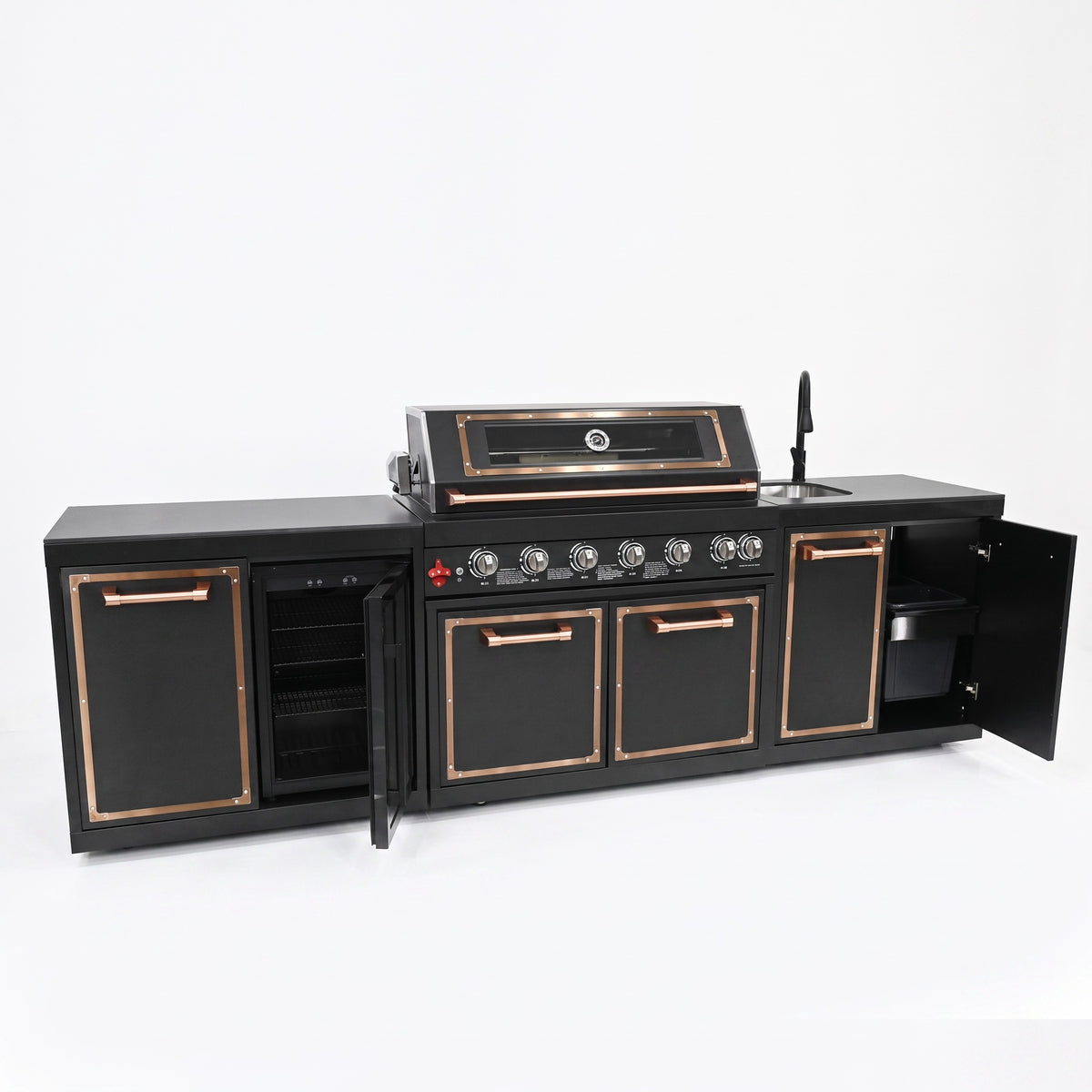 Luxury Black Titanium Outdoor Kitchen Island, 6-Burner 87,900 BTU Gas Grill with Infrared Rear Burner, 70L Refrigerator, Sink, Pull-Out Trash Bin, Rotisserie & Cover, Black/Rose Gold