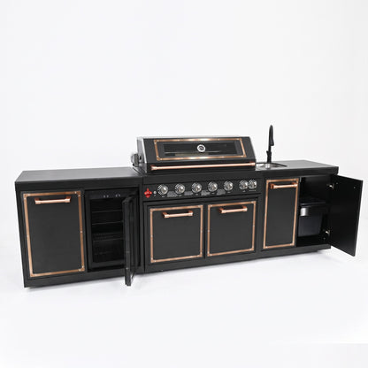 Luxury Black Titanium Outdoor Kitchen Island, 6-Burner 87,900 BTU Gas Grill with Infrared Rear Burner, 70L Refrigerator, Sink, Pull-Out Trash Bin, Rotisserie & Cover, Black/Rose Gold
