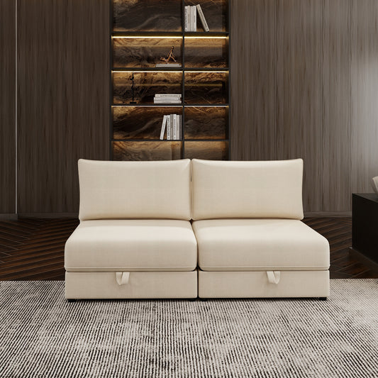 Modular Sectional Sofa with Storage, Convertible 2 Seater Sleeper Sofa Couch, Folding Fabric Loveseat with Hidden Storage Seats for Living Room, Apartment, Bedroom (Beige)