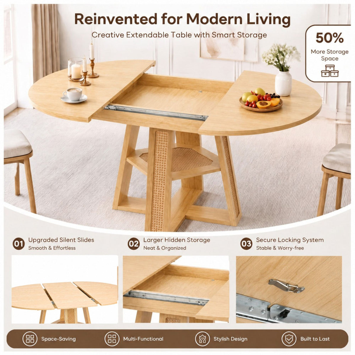 43.3'-59.05' Extendable Round Dining Table for 4-6, Round-to-Oval Kitchen Table with Removable Extension Leaf, Cross-Shaped Base and Storage Shelf, Natural