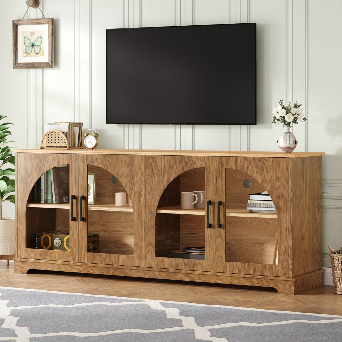 Farmhouse TV Stand with Semi-Arched Glass Doors for TVs Up to 70", Elegant Two-Tone Media Console with Adjustable Shelves, Wood Grain Sideboard with Cable Management for Living Room, Brown+Natural