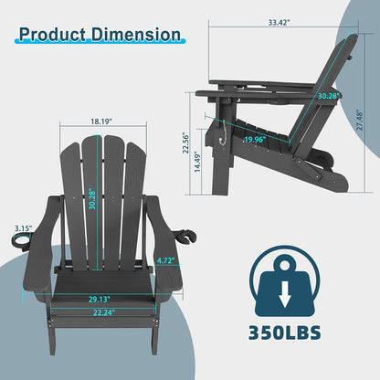 Adjustable HDPE Adirondack Chair, Grey, 3-Position Reclining ,Foldable, Cup & Phone Holders, All-Weather Outdoor
