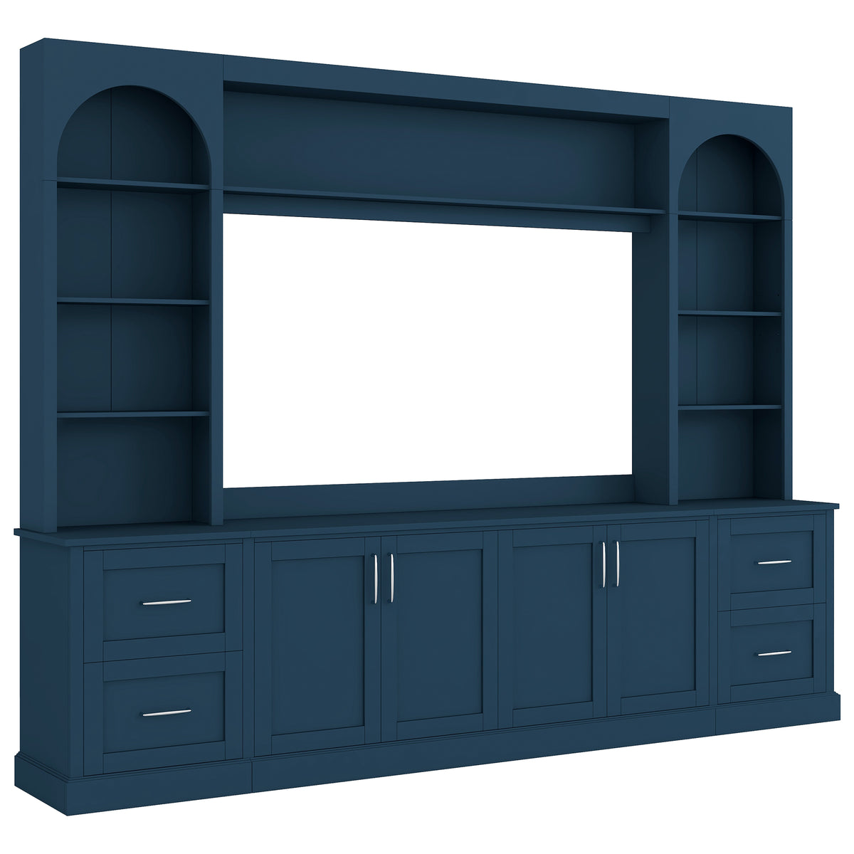 Modern Arched Entertainment Center Wall Unit with Drawers, Farmhouse TV Stand with Cable Holes for TVs Up to 65", Multifunctional All-in-One TV Console with Adjustable Shelves for Living Room, Blue