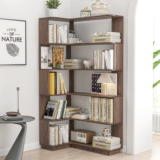 Dark Brown 5-Tier L-Shaped Corner Bookshelf, Home Office with Anti-Tip Safety Features, 90cm Extended Wooden Display Shelf