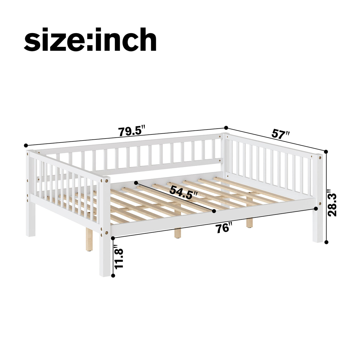Full Size Daybed, 3-Sided Vertical Slat Guardrail Bed Frame, Breathable Wooden Slat Support Leisure Bed for Home Bedroom,White