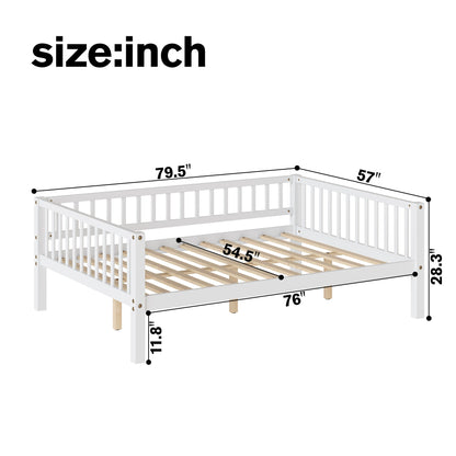 Full Size Daybed, 3-Sided Vertical Slat Guardrail Bed Frame, Breathable Wooden Slat Support Leisure Bed for Home Bedroom,White