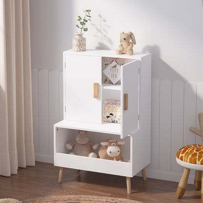 Kids Toy Storage Cabinet with Doors and Open Shelf, White Modern Wooden Organizer with Natural Wood Legs, Toddler Bookshelf