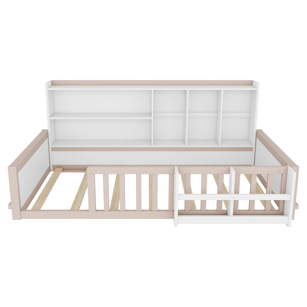 Twin Size Kids Wooden Platform Bed Frame with Guardrail Fence, Side Storage Shelves & Book Shelf, Space Saving Floor Bed,Nude and  White