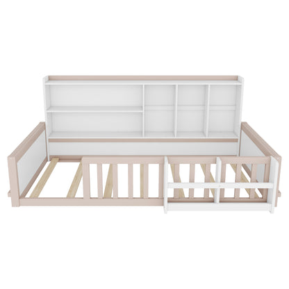 Twin Size Kids Wooden Platform Bed Frame with Guardrail Fence, Side Storage Shelves & Book Shelf, Space Saving Floor Bed,Nude and  White