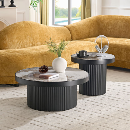 Set of 2 Coffee Table,MDF Round Coffee Table Sintered Stone Tabletop for Living Room Apartment,Leisure Area BLACK