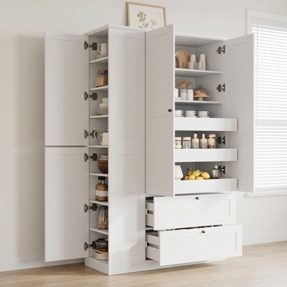 TOPMAX 73.6" Tall Farmhouse Kitchen Pantry Cabinet with 8 Shelves, 2 Drawers, 3 Pull-Out Trays, 4 Doors and Side Cabinets, White