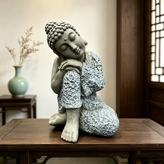 Serene Sleeping Buddha Statue, 16.34" Tall Resin Meditating Buddha Figurine, Weatherproof Zen Decor for Patio, Backyard & Home Meditation Space