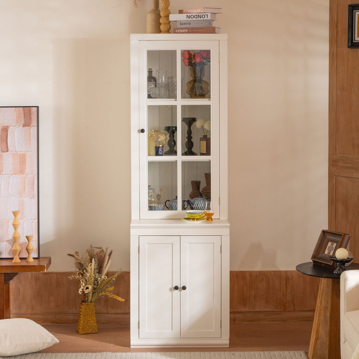 75.25'' Tall Freestanding Pantry Cabinet with Glass Door & Lattice Window, Farmhouse Display Cabinets with Storage, Hutch with Double-Action LH&RH Door, for Hallways, Livingroom Kitchen & Office,White