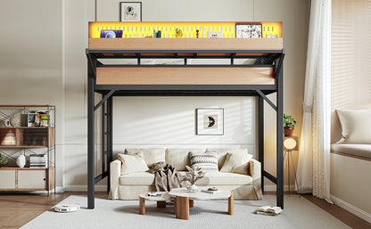 Twin XL size Loft Bed Frame with Storage Shelves and Pegboard, Metal Loft Bed with USB Ports and LED Lights, Safe and Sturdy, Natural