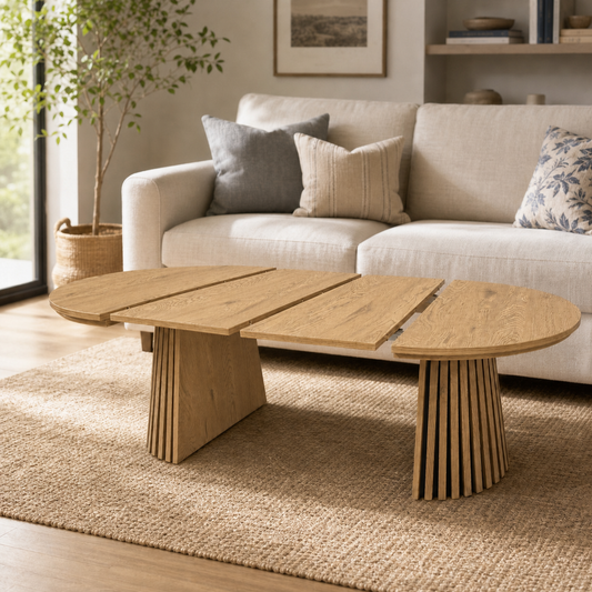 Wooden Round Wooden Coffee Table, Flexible and Extendable, Multi-functional and Space-saving, Fashionable Oval Design and Slatted Table Legs, Tea Table or Office Desk, Modern Living Room Center Table