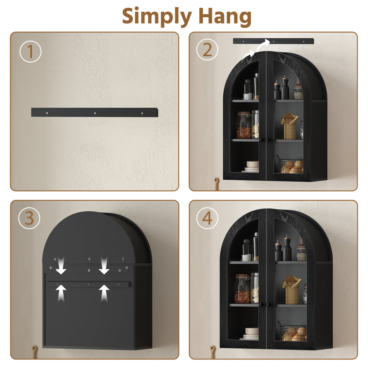 Arched Wall Mounted Cabinet, Wood Veneer Wall Storage Cabinet with Tempered Glass Doors, Adjustable Shelf, Easy Hanging Hardware Included, Decorative Floating Wall Cabinet for Laundry Room, Black