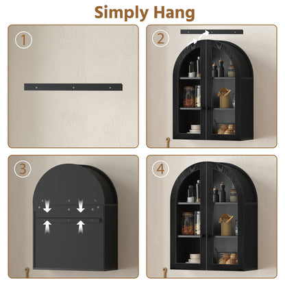 Arched Wall Mounted Cabinet, Wood Veneer Wall Storage Cabinet with Tempered Glass Doors, Adjustable Shelf, Easy Hanging Hardware Included, Decorative Floating Wall Cabinet for Laundry Room, Black