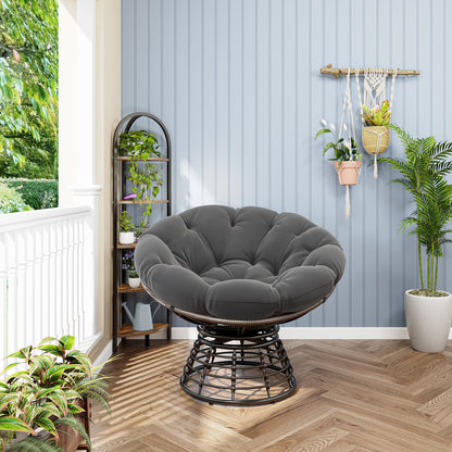 Comfortable Ergonomic Wicker Papasan Chair, 360° Swivel Indoor Outdoor Rattan Chair with Soft Thick Cushion, Ideal for Living Room, Bedroom, Reading Room, Brown Frame with Grey Cushion