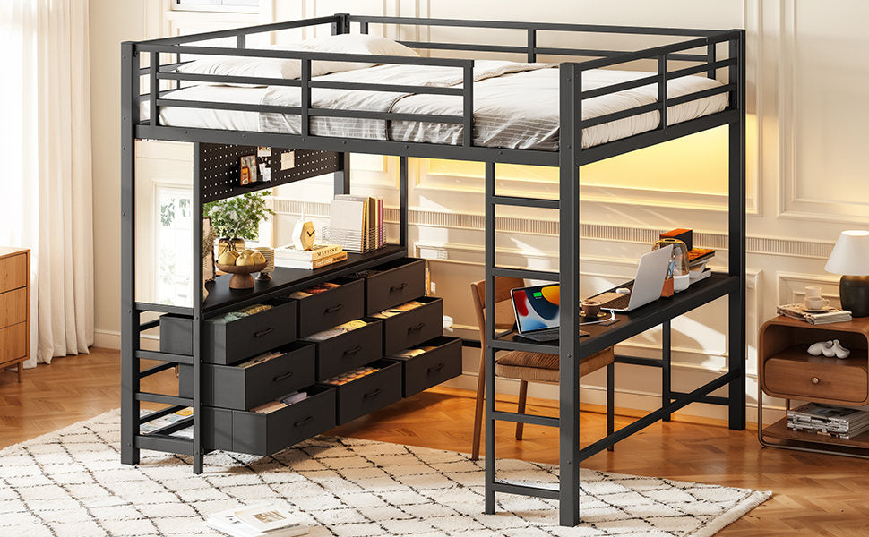 Queen Size Loft Bed with Desk, Loft Bed with Drawers, Loft Bed with Led Light and USB, Sturdy Loft bed Frame, Loft Bed with Mirror, Multi-Functional High Loft Bed for Teens Adults.Black