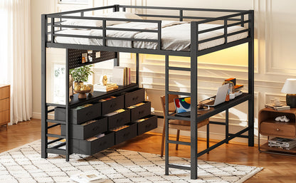 Queen Size Loft Bed with Desk, Loft Bed with Drawers, Loft Bed with Led Light and USB, Sturdy Loft bed Frame, Loft Bed with Mirror, Multi-Functional High Loft Bed for Teens Adults.Black