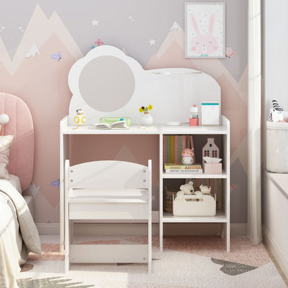 Kids Vanity Table with Mirror and Chair, Wooden Children's Dressing Makeup Desk with Storage Shelves