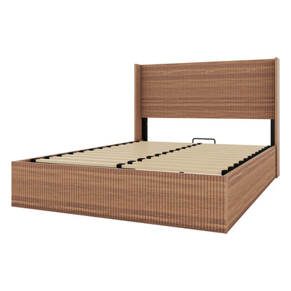 (Queen size) bed frame with a grooved and undulating lifting storage function, featuring a lifting storage feature, safe and beautiful / without noise, a wooden slat platform bed frame in a natural