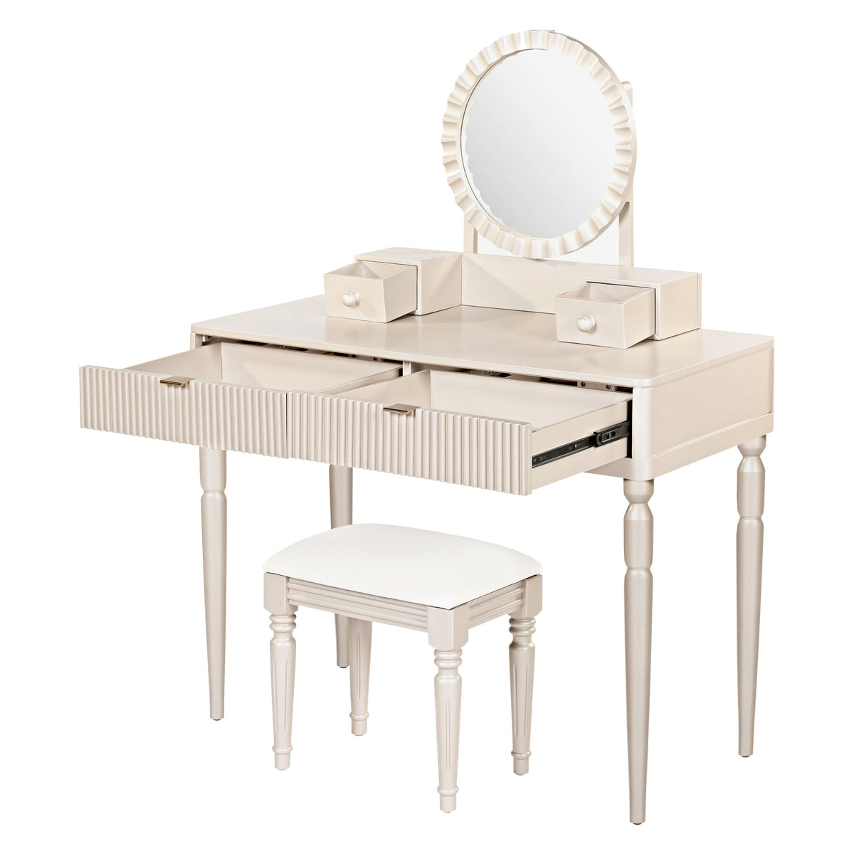 Luxury Vanity Desk with Round Mirror,Height-Adjustable, Stylish Dressing Table Set, 4 Drawers & Stool, Champagne