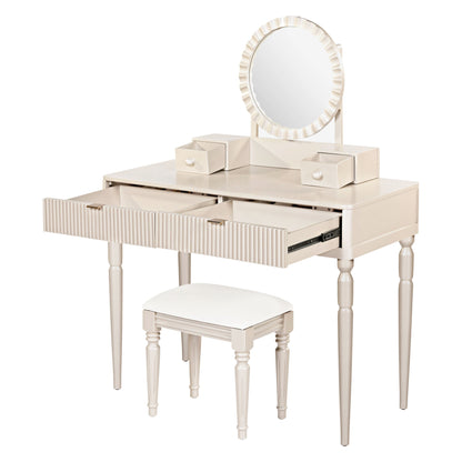 Luxury Vanity Desk with Round Mirror,Height-Adjustable, Stylish Dressing Table Set, 4 Drawers & Stool, Champagne