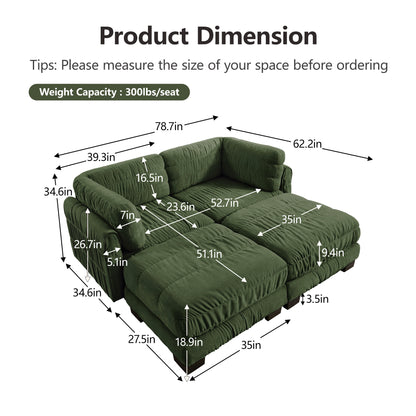 2 Seat Ruched Detailing Chenille Modular Sectional Sofa,Movable 2 Ottomans,High-Density Foam,L Shape Thickened  Back Cushions,Easy Assembly,For Living Room,Bedroom,Green