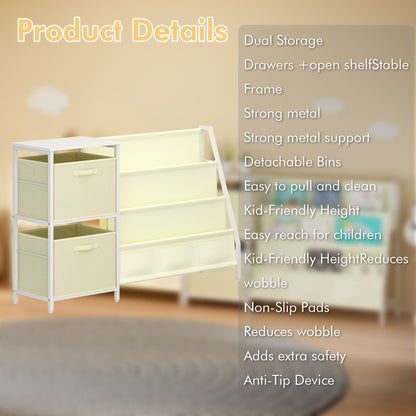 Kids Bookshelf with 3-Tier Front-Facing Book Display, 2 Storage Bins and Bottom Cabinet, Children's Bookcase Organizer for Bedroom, Playroom and Nursery