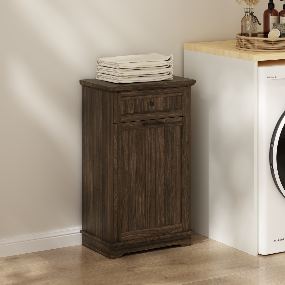 10 Gallon Tilt Out Trash Cabinet Freestanding Trash Bin Cabinet Wood Garbage Recycling Cabinet with Hideaway Drawer Pet Proof Trash Can Holder for Kitchen Living Room, Antique Brown (not include can)