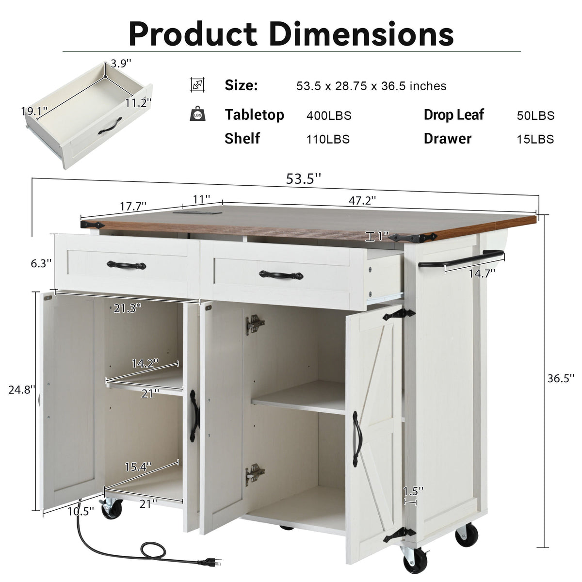 K&K 53.5''Farmhouse Kitchen Island with Power Outlet, Kitchen Storage Island with Drop Leaf, Spice Rack and Drawer