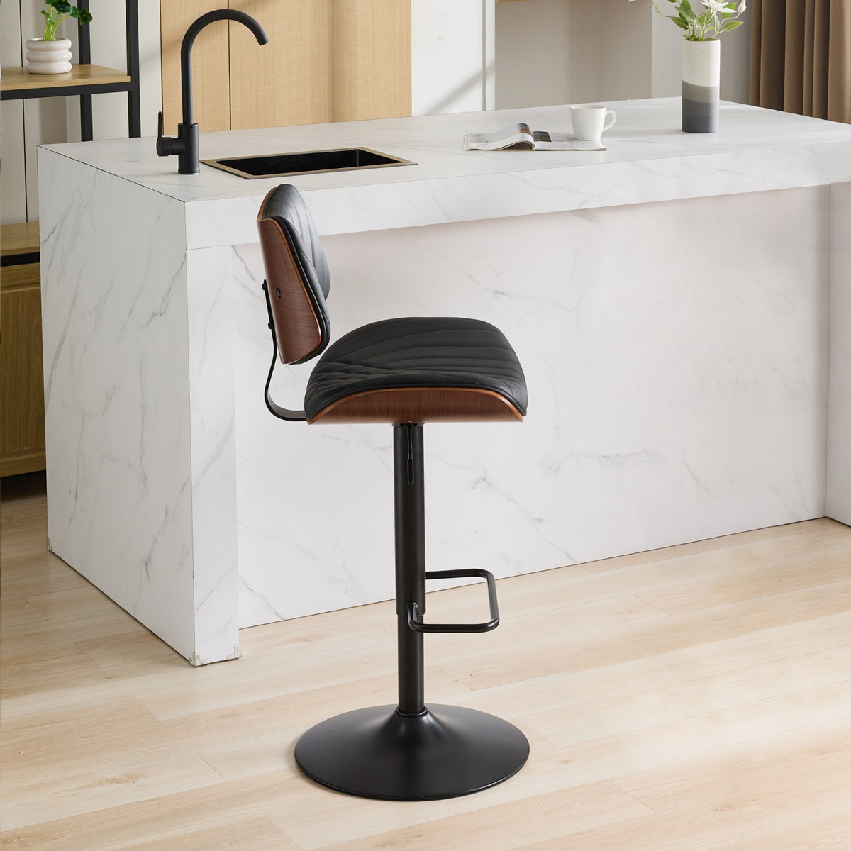 Walnut Bentwood Bar Stools Mid Century Modern Adjustable Counter Height Black Leather Upholstered 360°Swivel Bar Chairs for Kitchen – Model W1143P173514