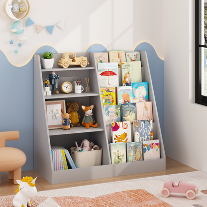 Kids Bookshelf and Toy Storage Organizer, Multifunctional 4 Tier Wooden Kids Book Shelf with Bookcase Display Stand, Children, Toddlers - Gray – Model W808P434870